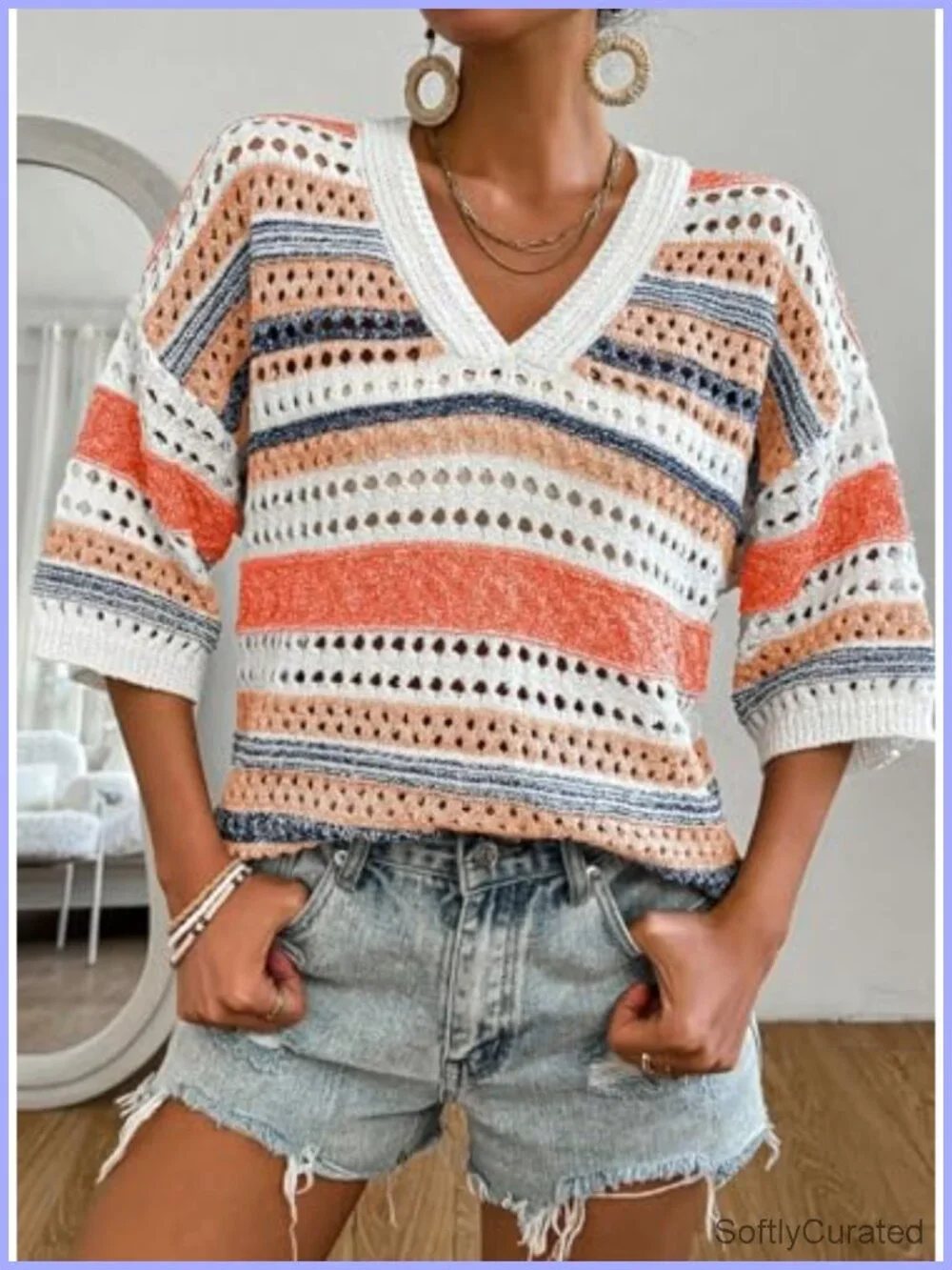 Boho Striped Crochet Knit Top V Neck 3/4 Sleeve Hollow Out Oversized Sweater